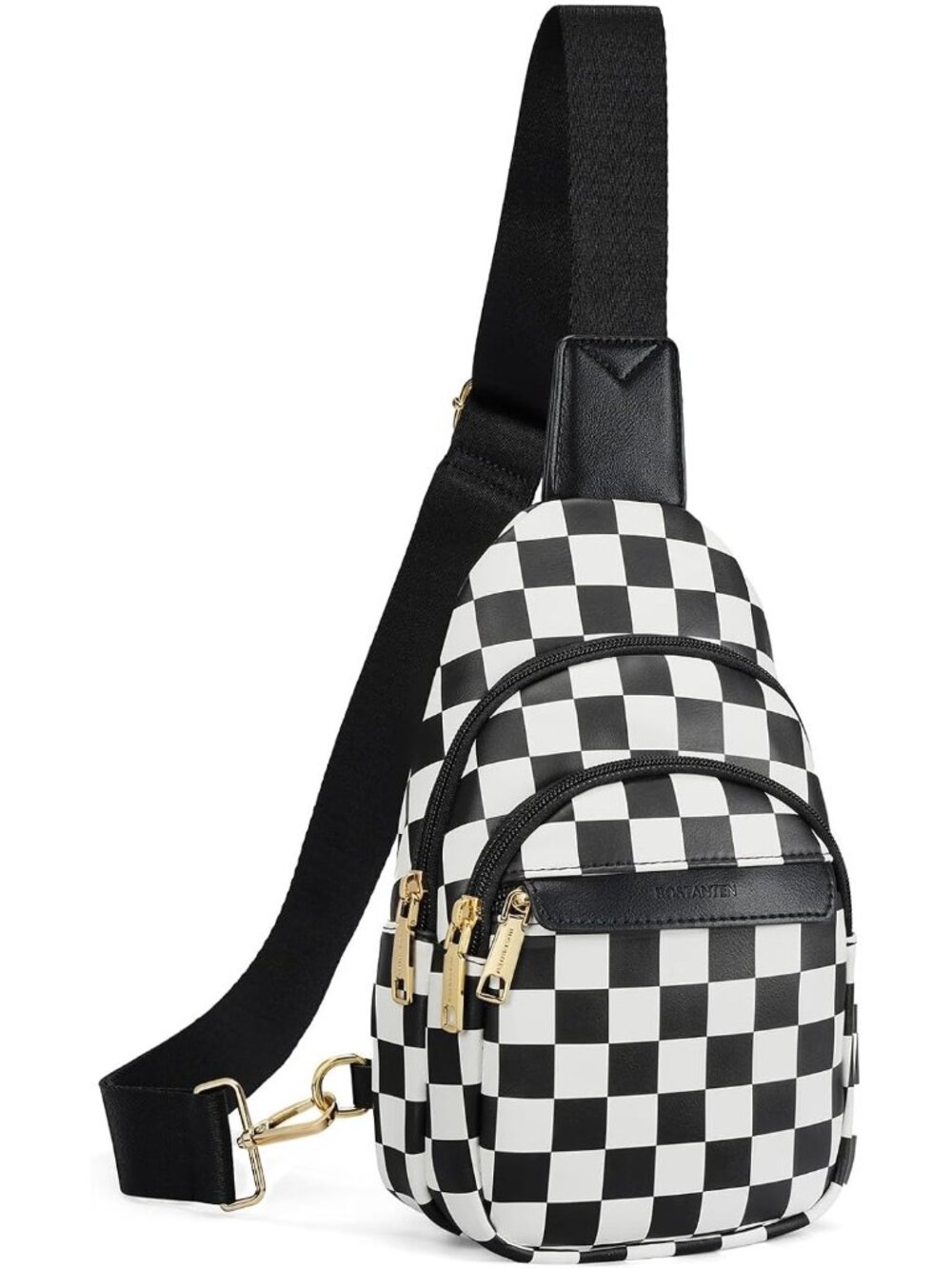 Women's Black Leather Adjustable Strap Crossbody Checkered Black Sling Chest Bag